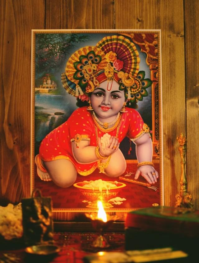 インドの古い宗教絵画 額装 ベビークリシュナ アンティーク インドの