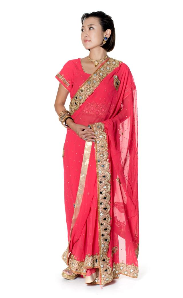 【送料無料】 【一点物】ミラーワークと刺繍の婚礼用ゴージャス ジョーゼットサリー【チョリ付き】 ローズ / 民族衣装 ウェディングドレス 結婚式 デコレーション布 インド TIRAKITA(ティラキタ) インドサリー レディース エスニック衣料 アジアンファッション エスニックフ