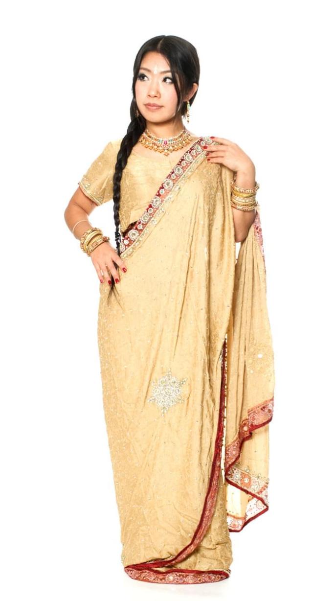 【送料無料】 【1点物】婚礼用ゴージャスサリー3点セット【ベージュ】 / TIRAKITA(ティラキタ) インド インドサリー レディース エスニック衣料 アジアンファッション エスニックファッション