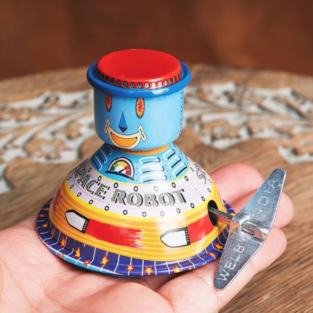 ゼンマイ式 クルクル動き回るスペースロボット インドのレトロなブリキ