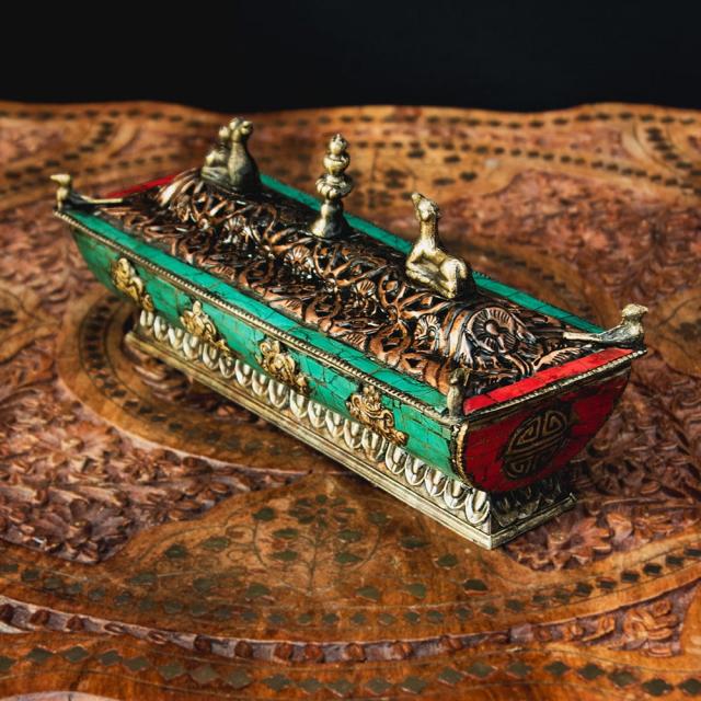 【送料無料】 ターコイズ装飾 チベット香用 蓋付きお香立て 【約21cm×約7.5cm】 / アンティーク チベタン 高品質 ネパール インセンス インド アジア エスニック