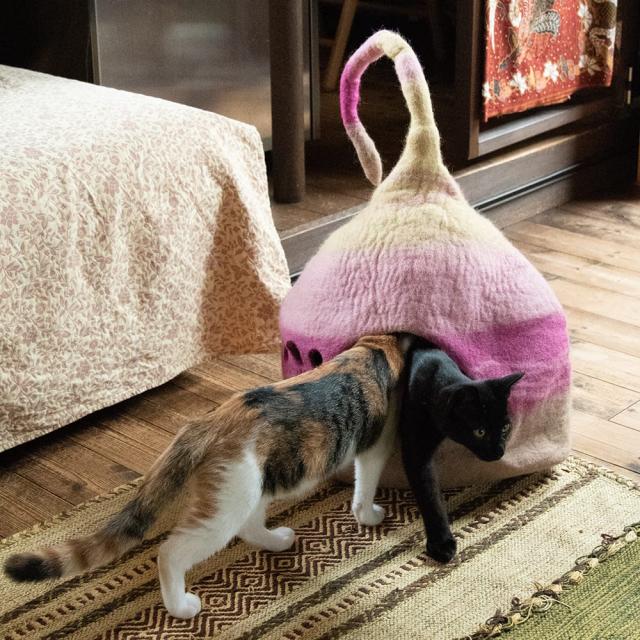 送料無料】 ネパールフェルトのしっぽ付きキャットハウス 猫