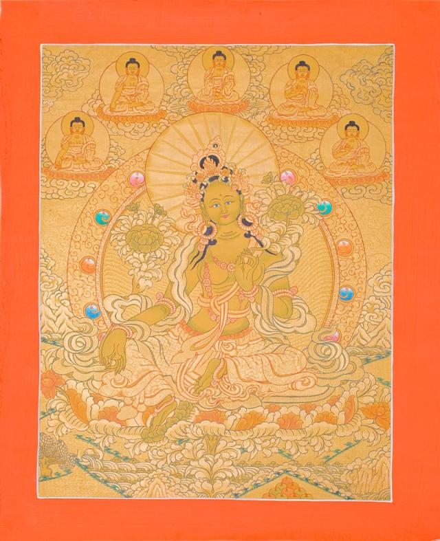 【送料無料】 タンカ ホワイトターラー 縦横48x39 / マンダラ 曼荼羅 手描きのタンカ 曼陀羅 仏画 アジアン インテリア エスニック