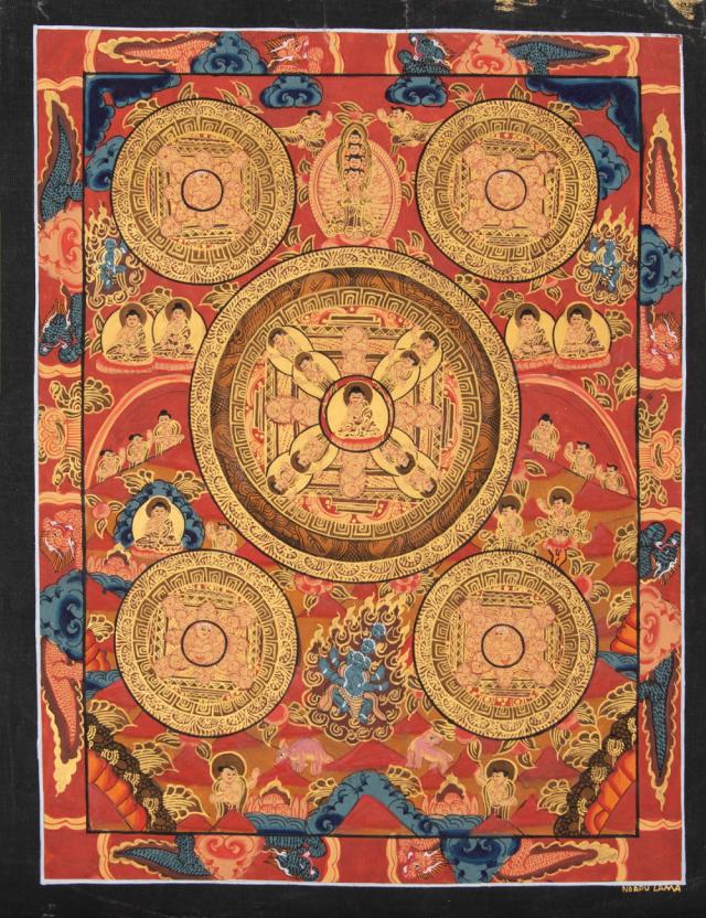 【送料無料】 〔一点物〕タンカ 五仏曼荼羅 36cm x 30cm / 仏画 Thanka マンダラ 手描きのタンカ 曼陀羅 インド 本 印刷物 ステッカー ポストカード ポスター 10,701円