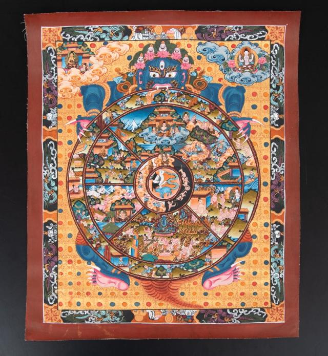 【送料無料】 〔一点物〕タンカ Wheel of existance 六道輪廻図 36cm 43cm / 仏画 Thanka マンダラ 曼荼羅 手描きのタンカ 曼陀羅 インド 本 印刷物 ステッカー ポストカード ポスター_1