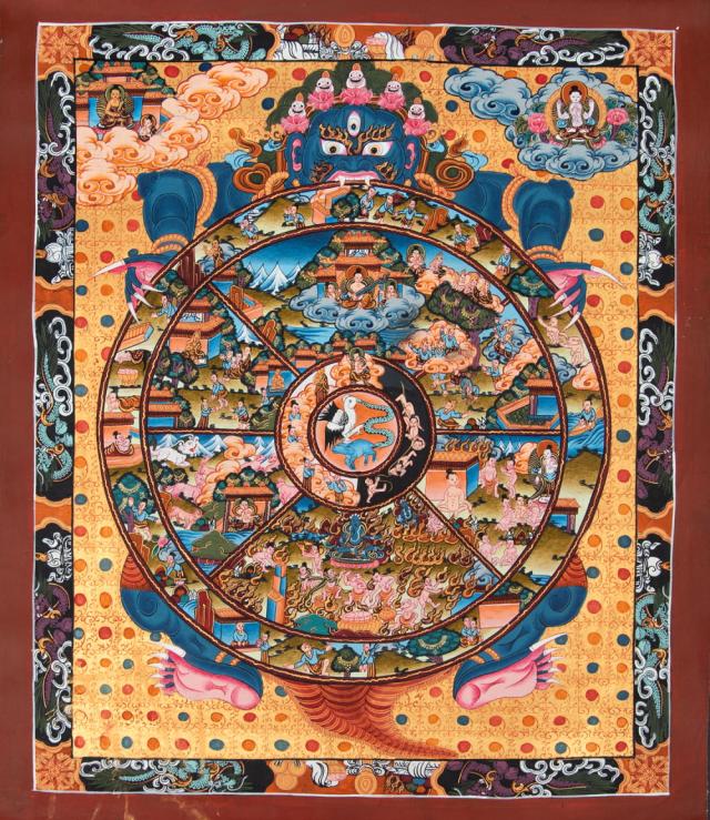 【送料無料】 〔一点物〕タンカ Wheel of existance 六道輪廻図 36cm 43cm / 仏画 Thanka マンダラ 曼荼羅 手描きのタンカ 曼陀羅 インド 本 印刷物 ステッカー ポストカード ポスター