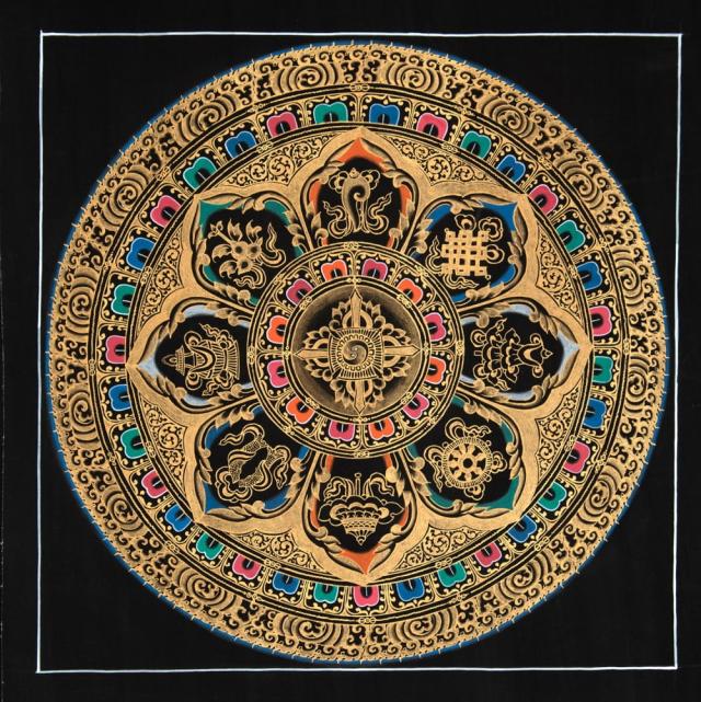 【送料無料】 〔一点物〕タンカ 八吉祥曼荼羅 アシュタマンガラ Ashtamangala 35cm x / 仏画 Thanka マンダラ 手描きのタンカ 曼陀羅 インド 本 印刷物 ステッカー ポストカード ポスター