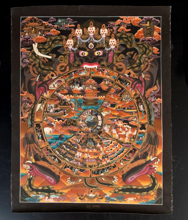 送料無料】 〔Raj Lama作 一点物〕タンカ 六道輪廻図 55x70cm / 仏画