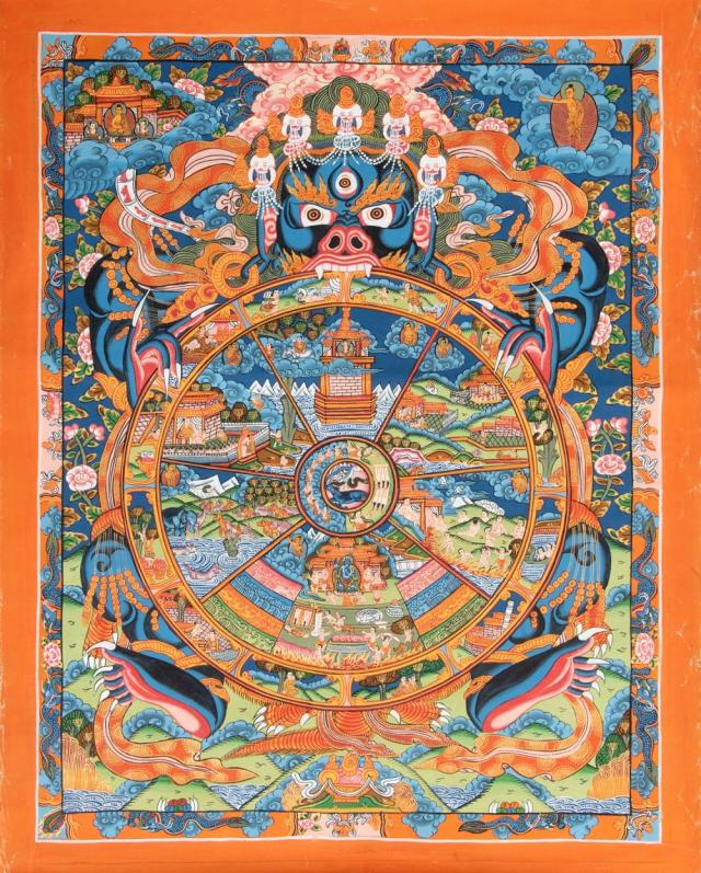 【送料無料】 〔一点物〕タンカ Wheel of existance 六道輪廻図 44x56cm / 仏画 マンダラ チベット 曼荼羅 手描き 曼陀羅 インド 本 印刷物 ステッカー ポストカード ポスター