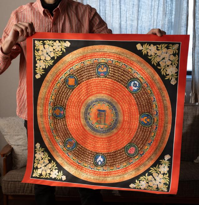 【送料無料】 〔一点物〕タンカ カーラチャクラ アシュタマンガラ 八吉祥曼荼羅 Ashtamangala 75x75cm / 仏画 マンダラ チベット 手描き 曼陀羅 インド 本 印刷物 ステッカー ポストカード ポスター
