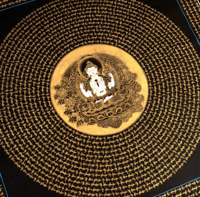 【送料無料】 〔一点物〕タンカ 六字咒観音菩薩種子曼荼羅 76x76cm / 仏画 マンダラ チベット 手描き 曼陀羅 インド 本 印刷物 ステッカー ポストカード ポスター_2