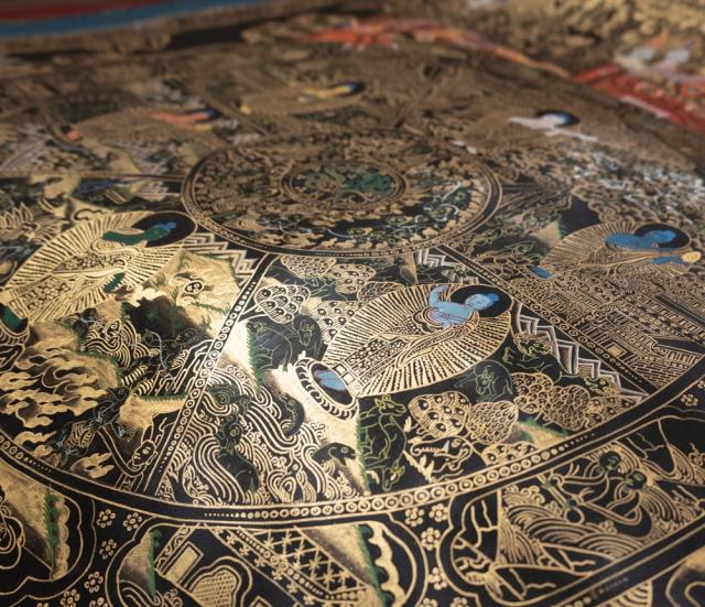 チベット密教　1点物 》 手描き　曼荼羅　タンカ　六道輪廻　仏教　密教 一点物〕タンカ - Wheel of existance 六道輪廻図[36cm x 45cm