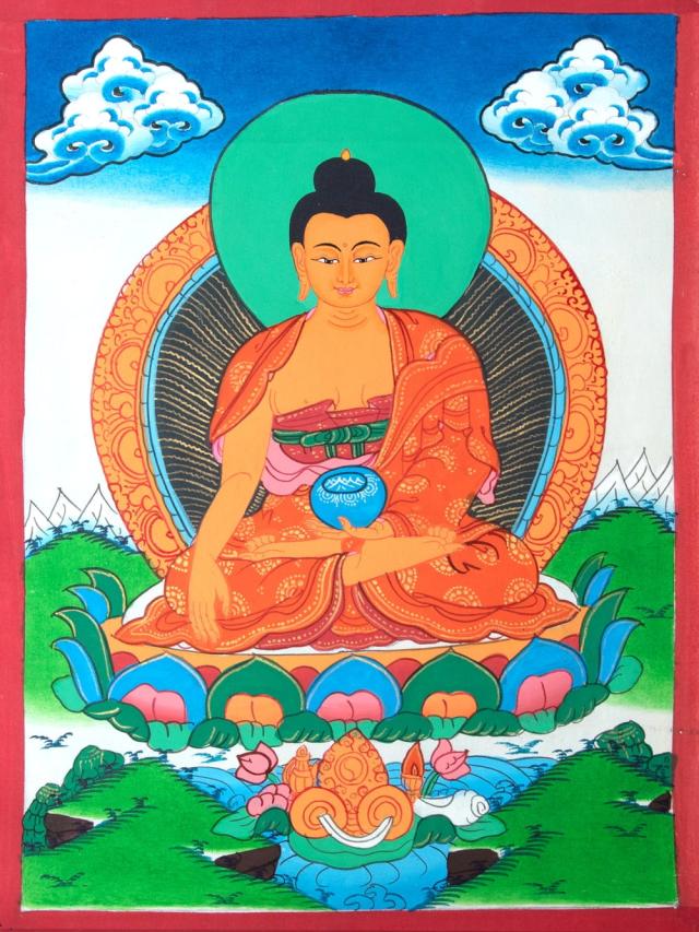 【送料無料】 〔一点物〕タンカ 釈迦如来（ゴータマ ブッダ） 30cm x 40cm / 観音菩薩 仏画 マンダラ チベット 曼荼羅 曼陀羅 インド 本 印刷物 ステッカー ポストカード ポスター