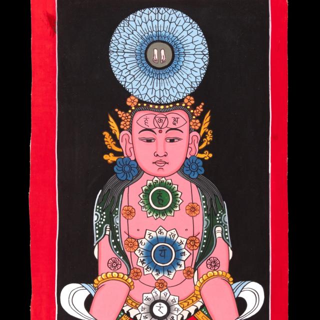 【送料無料】 〔一点物〕タンカ チャクラ人体曼荼羅 エネルギー体図 52cm x 20cm / 仏画 マンダラ 曼陀羅 インド 本 印刷物 ステッカー ポストカード ポスター