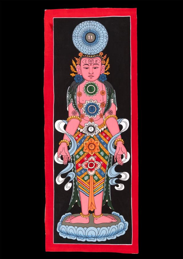 【送料無料】 〔一点物〕タンカ チャクラ人体曼荼羅 エネルギー体図 52cm x 20cm / 仏画 マンダラ 曼陀羅 インド 本 印刷物 ステッカー ポストカード ポスター