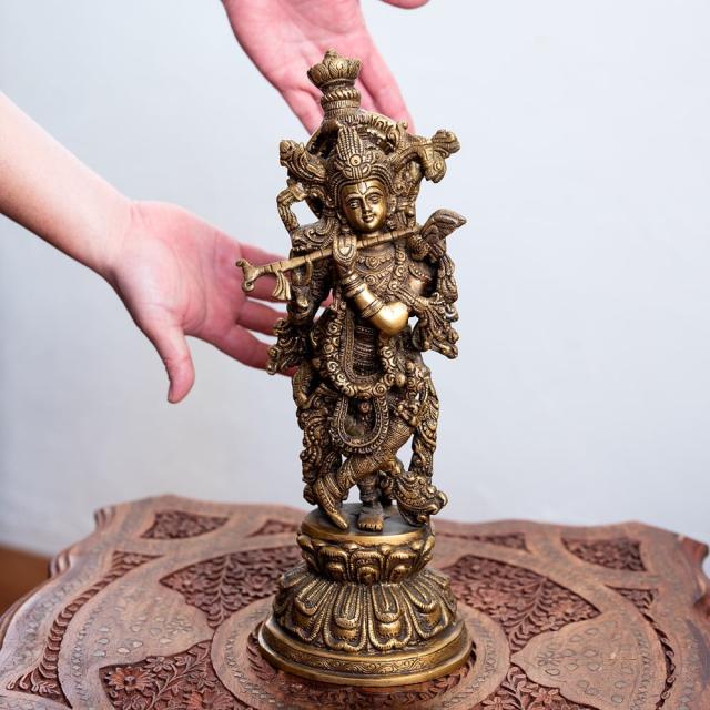 真鍮製 クリシュナ神 彫像 笛を吹く神 タイ ヒンドゥー教 ビンテージ 34㎝ 神様 クリシュナ像 送料無料 一点物 笛を奏でるクリシュナ像 美しい