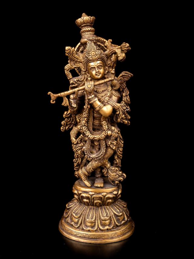 【送料無料】 【一点物】笛を奏でるクリシュナ像 美しいブラス製〔約39.5cm×約12.8cm 約11cm 約4800g〕 / 神様像 インド 置物 エスニック アジア 雑貨