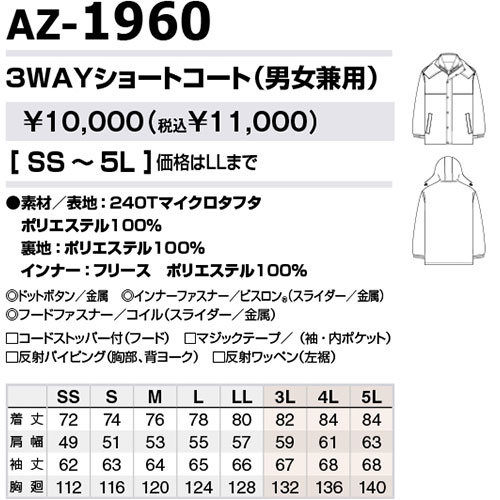 防寒コート 作業着 防寒 作業服 ドカジャン メンズ レディース 上着 ブルゾン ジャケット ジャンパー 防寒着 防寒服 防寒作業服 防寒グッズ 防寒アイテム 冬用 アウトドア レジャー キャンプ AITOZ アイトス AZ-1960 3WAYショートコー_1