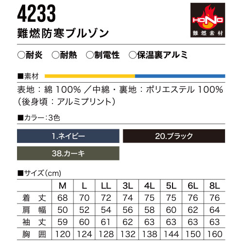 難燃防寒ブルゾン 作業服 ジャケット 作業着 ジャンパー 上着 ブルゾン ドカジャン 防寒着 難燃 燃えにくい 耐炎 耐熱 帯電防止 防炎 裏アルミ 防寒 村上被服 鳳皇 HOOH HONO 4233 綿100 コットン 人気 安い アウトドア ワーク ウ_1