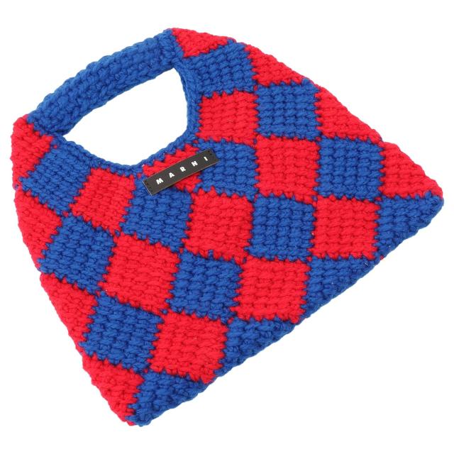 [即日発送]マルニ キッズ&ジュニア ニット手提げバッグ ハンドバッグ 手提げかばん/MARNI ダイアモンドクロシェ チェック柄 レザー ロゴ ニット手提げバッグ ハンドバッグ 手提げかばん ブルー/レッド 送料無料/込 ホワイトデーの通販は