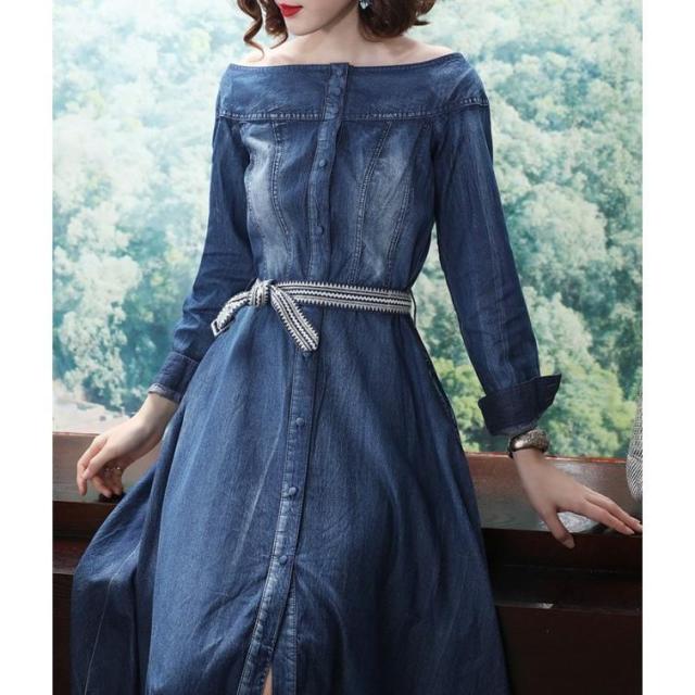 デニムワンピース ロング オフショルダー ワンピース レディース ウエストマーク ロングワンピース 長袖 大きいサイズ 春夏 20代 30代 40代