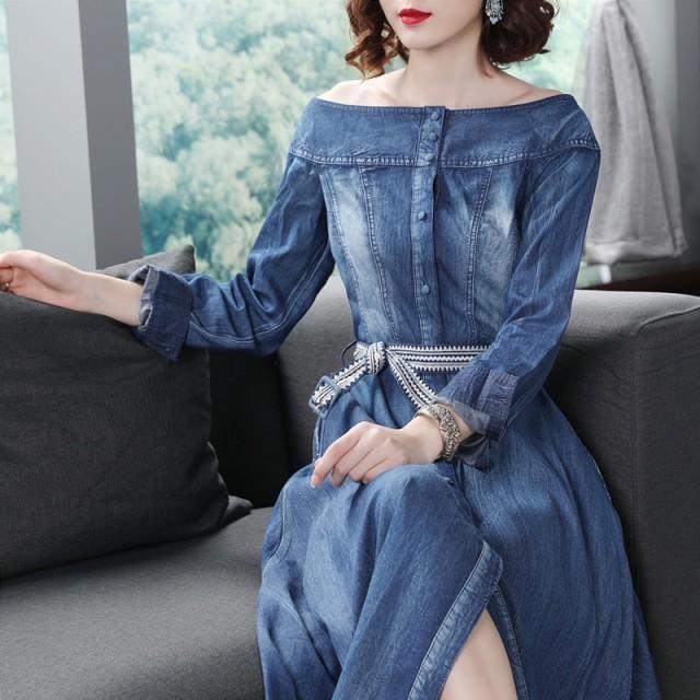 デニムワンピース ロング オフショルダー ワンピース レディース ウエストマーク ロングワンピース 長袖 大きいサイズ 春夏 20代 30代 40代
