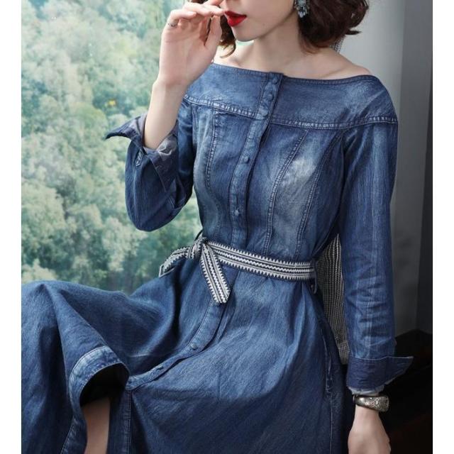 デニムワンピース ロング オフショルダー ワンピース レディース ウエストマーク ロングワンピース 長袖 大きいサイズ 春夏 20代 30代 40代