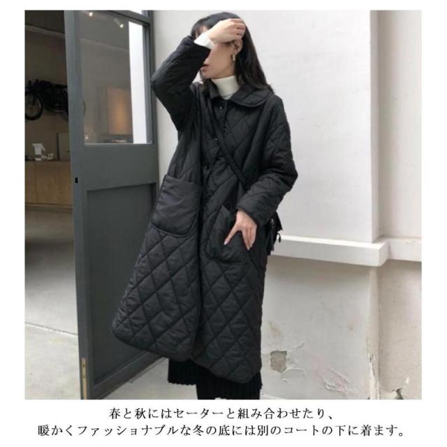 キルティング ロングコート ロング丈アウター アウター レディース 中綿 コート ロングコート キルト 大きいサイズ ライトアウター ビッグ 黒 秋_10
