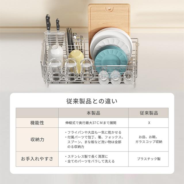 水切りラック 大容量 水切りかご 伸縮式 滑り止め 箸立て 包丁立て ステンレス キッチンラック 食器 お皿 省スペース 組み立て簡単 北欧 おしゃれ_12