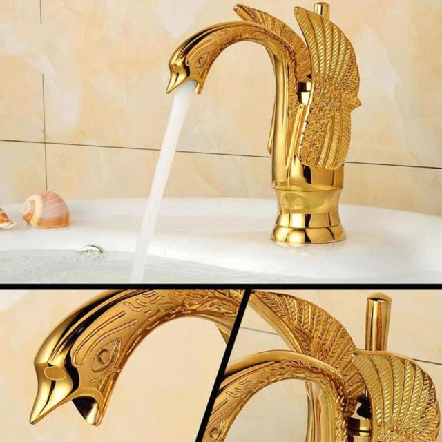 白鳥の形の洗面器の蛇口シングルハンドル温冷水ミキサータップ1穴デッキマウントゴールド/アンティーク真鍮/ブラックブロンズ水栓 C 低い_6