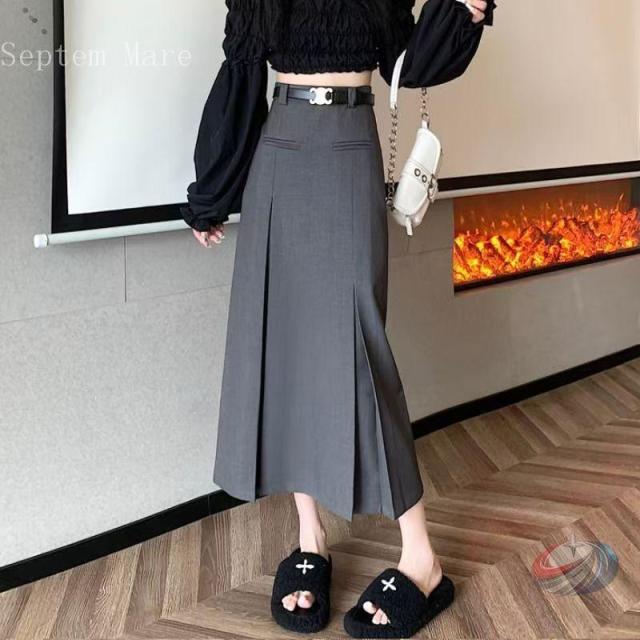 ボックスプリーツスカート グレー ひざ下丈 ミモレ丈 タイト ゾンチー 大きいサイズありで 通勤通学にも合わせやすい上品な大人スカート