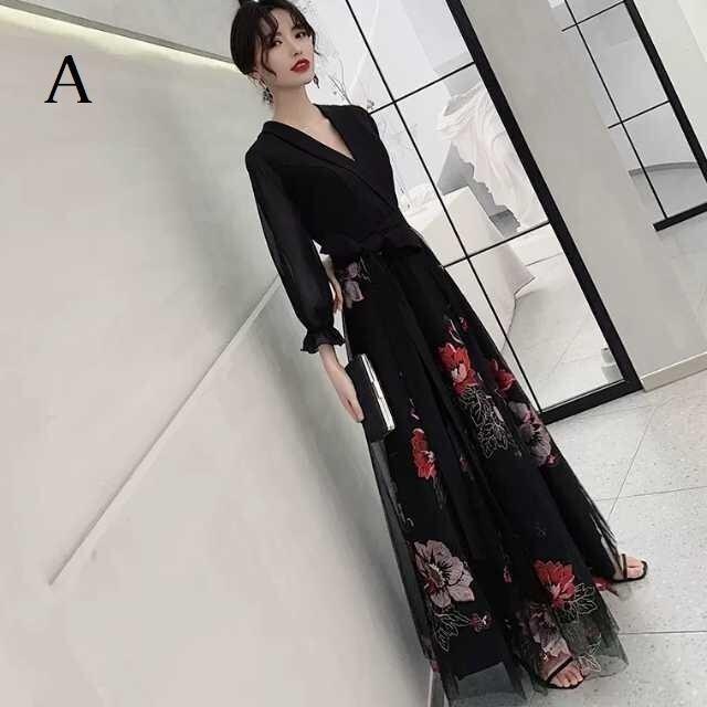 パーティードレス かっこいい 個性的 ロング 黒 袖あり 花柄 レース 大きいサイズ きれい 透け感 長袖 韓国 演奏会 ロングドレス フォーマル