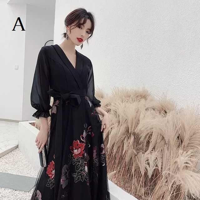 パーティードレス かっこいい 個性的 ロング 黒 袖あり 花柄 レース 大きいサイズ きれい 透け感 長袖 韓国 演奏会 ロングドレス フォーマル_1