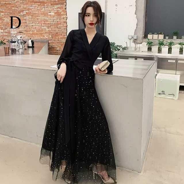 パーティードレス かっこいい 個性的 ロング 黒 袖あり 花柄 レース 大きいサイズ きれい 透け感 長袖 韓国 演奏会 ロングドレス フォーマル_11