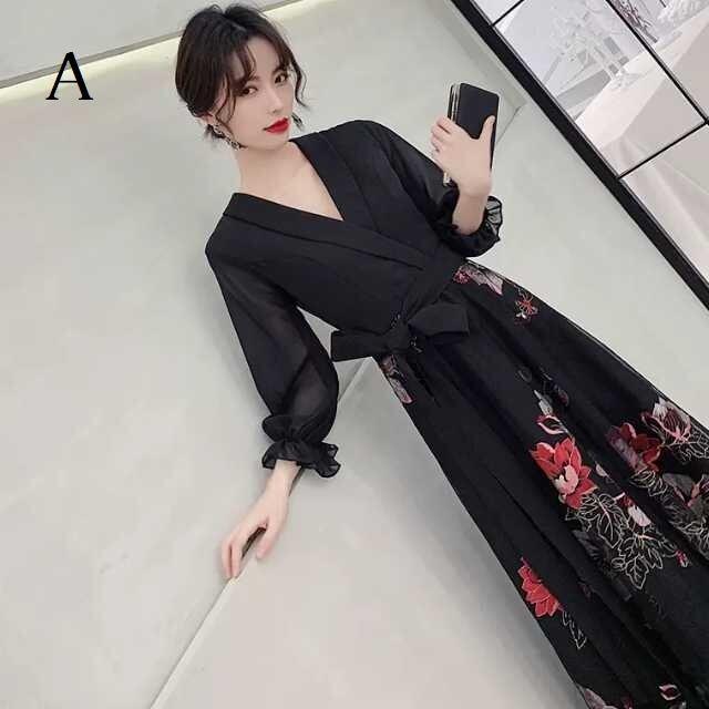 パーティードレス かっこいい 個性的 ロング 黒 袖あり 花柄 レース 大きいサイズ きれい 透け感 長袖 韓国 演奏会 ロングドレス フォーマル_2