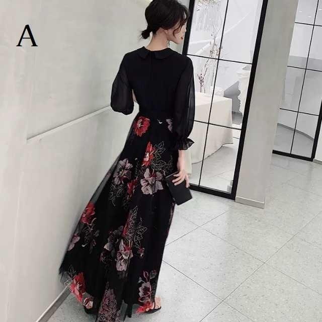 パーティードレス かっこいい 個性的 ロング 黒 袖あり 花柄 レース 大きいサイズ きれい 透け感 長袖 韓国 演奏会 ロングドレス フォーマル_3