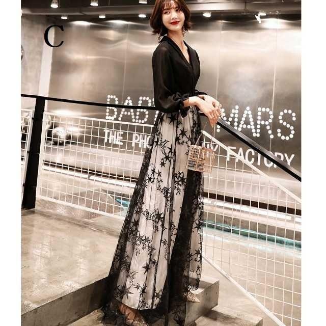 パーティードレス かっこいい 個性的 ロング 黒 袖あり 花柄 レース 大きいサイズ きれい 透け感 長袖 韓国 演奏会 ロングドレス フォーマル_9