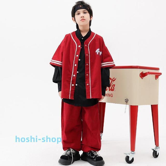 キッズ ダンス ベースボール シャツ 衣装 レッド ンファッション 韓国 男の子 赤 練習着 ストリート ヒップホップ hiphop 野球 トップス110-180CM_1