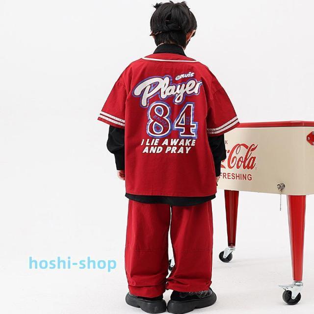 キッズ ダンス ベースボール シャツ 衣装 レッド ンファッション 韓国 男の子 赤 練習着 ストリート ヒップホップ hiphop 野球 トップス110-180CM_2