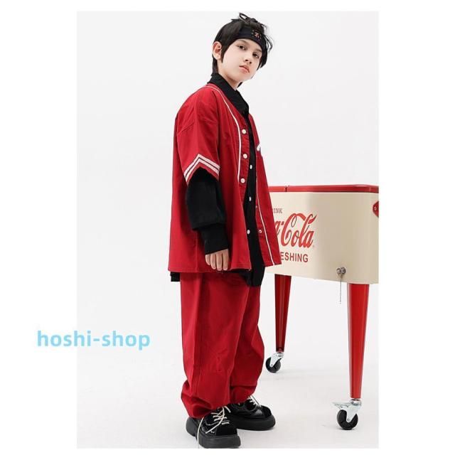 キッズ ダンス ベースボール シャツ 衣装 レッド ンファッション 韓国 男の子 赤 練習着 ストリート ヒップホップ hiphop 野球 トップス110-180CM_3