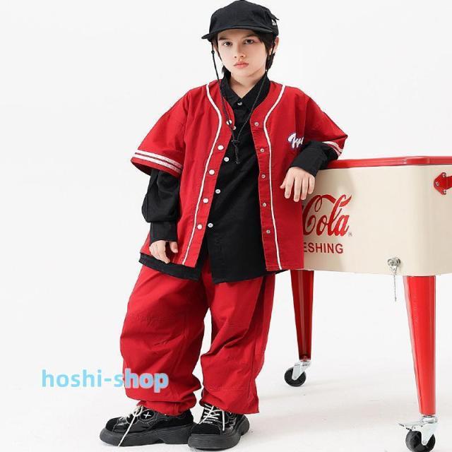 キッズ ダンス ベースボール シャツ 衣装 レッド ンファッション 韓国 男の子 赤 練習着 ストリート ヒップホップ hiphop 野球 トップス110-180CM_4