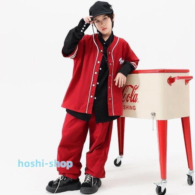 キッズ ダンス ベースボール シャツ 衣装 レッド ンファッション 韓国 男の子 赤 練習着 ストリート ヒップホップ hiphop 野球 トップス110-180CM_9