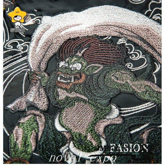 スカジャン 長袖 メンズジャケット 刺繍 ミリタリー カジュアル 風神雷神 横須賀風 バイクジャンパー　黒　秋冬物 ポイント消化_1