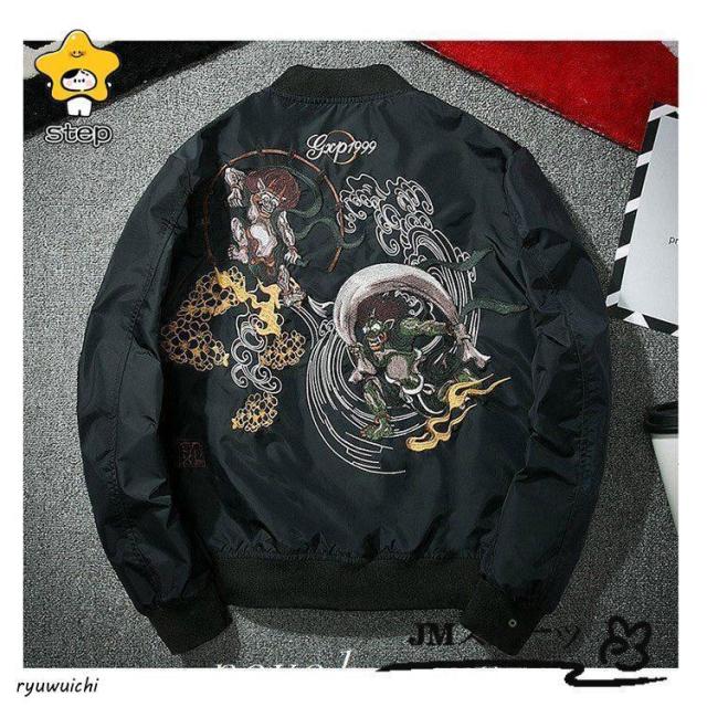 スカジャン 長袖 メンズジャケット 刺繍 ミリタリー カジュアル 風神雷神 横須賀風 バイクジャンパー　黒　秋冬物 ポイント消化_8