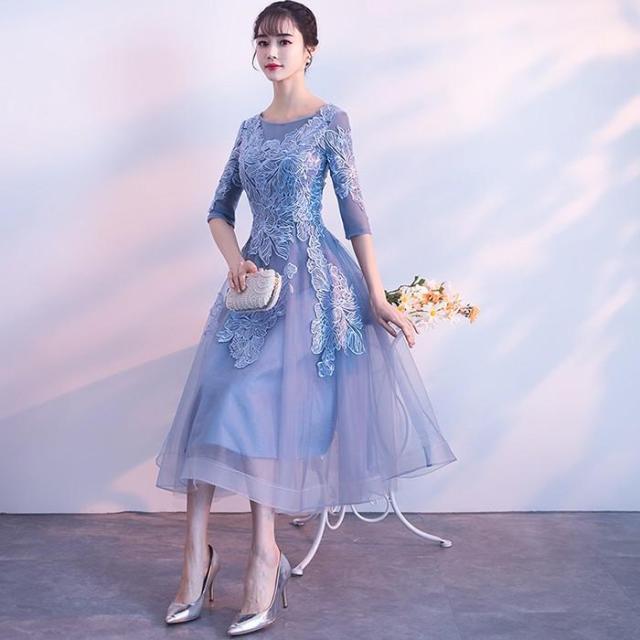 パーティードレス 袖あり 結婚式ドレス ウエディングドレス レース ミモレ丈 20代 おしゃれ 着痩せ 大人 上品 可愛い お呼ばれ 二次会 披露宴 成人式 lf607_1