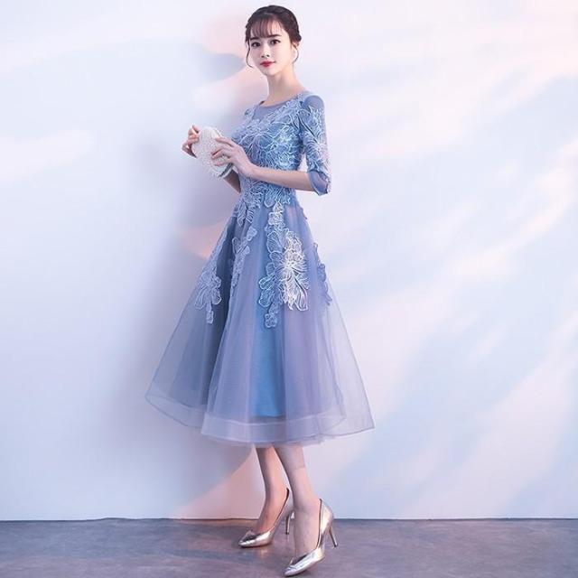 パーティードレス 袖あり 結婚式ドレス ウエディングドレス レース ミモレ丈 20代 おしゃれ 着痩せ 大人 上品 可愛い お呼ばれ 二次会 披露宴 成人式 lf607_3