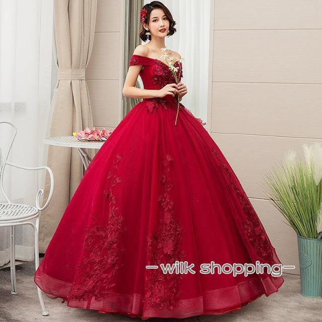 カラードレス プリンセス ロングドレス オフショルダー 演奏会 発表会 結婚式 イブニングドレス 花嫁 二次会 ウェディングドレス プロムドレス 大きいサイズ_3