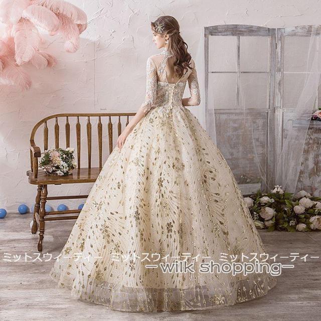 ウエディングドレス ロングカラードレス 二次会 プリンセスライン 大きいサイズ 結婚式 演奏会 ウェディングドレス ゴールド プロムドレス 花嫁 ロングドレス_1