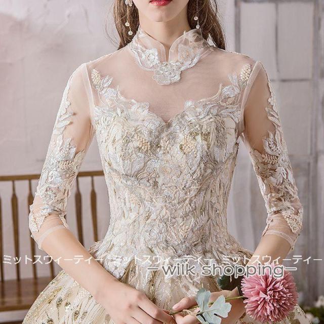 ウエディングドレス ロングカラードレス 二次会 プリンセスライン 大きいサイズ 結婚式 演奏会 ウェディングドレス ゴールド プロムドレス 花嫁 ロングドレス_2