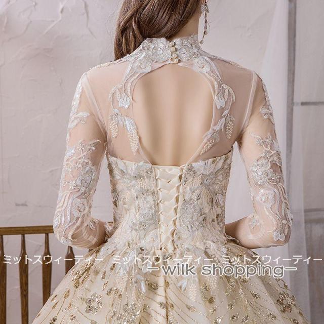 ウエディングドレス ロングカラードレス 二次会 プリンセスライン 大きいサイズ 結婚式 演奏会 ウェディングドレス ゴールド プロムドレス 花嫁 ロングドレス_3